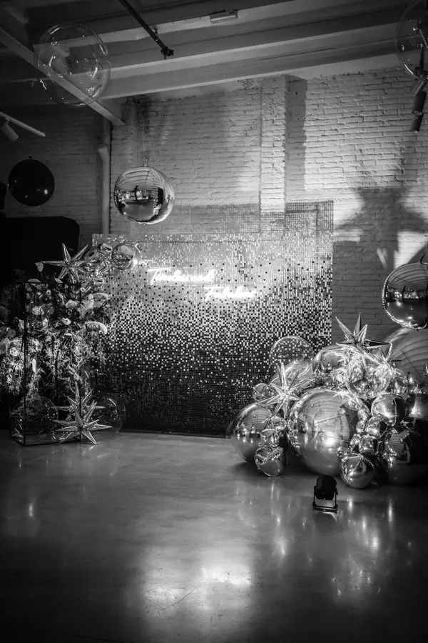 Floral installation photographed in black and white