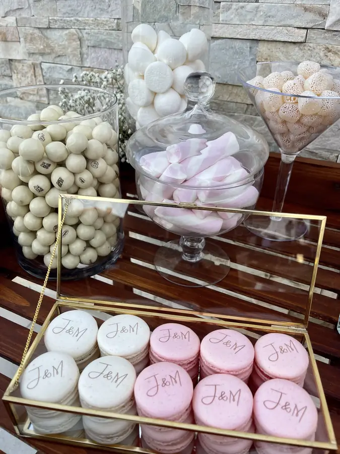 Personalised macarons presented on a gold tray